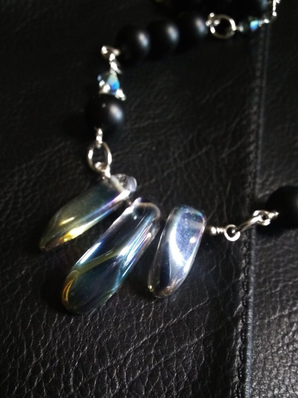 Handmade! Electroplated Quartz + Black Stone Beads - Adjust. Necklace app. 22" - Picture 5 of 12